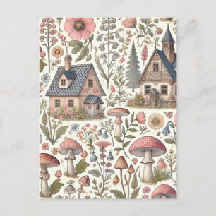 Cottagecore Mushroom en Bloemenpatroon Feestdagenkaart