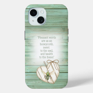 Cottagecore nep houten hart groene bij geloof iPhone 15 case