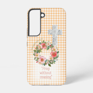 Cottagecore Oranje Geruit Roos Krans Kruis Geloof Samsung Galaxy Hoesje
