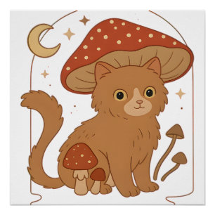 Cottagecore Paddenstoel Kat met Hoed � Schattig Vi Perfect Poster