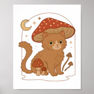 Cottagecore Paddenstoel Kat met Hoed – Schattig Vi Poster