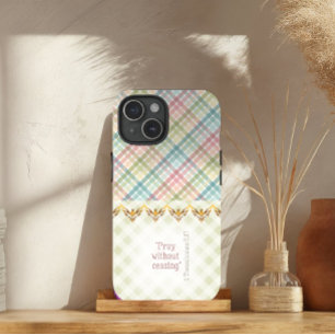 Cottagecore Pastel en Groen Geruit Gouden Duif Bij iPhone 15 Case