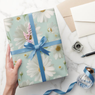 Cottagecore Pastel Madeliefje Mint Bloemmotief Cadeaupapier