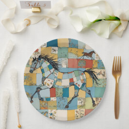 CottageCore Patchwork Paard Bloemen Kleurenblok Papieren Bordje