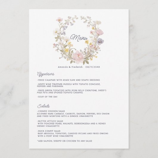 Cottagecore Romantische Tuin Trouwdag Menu (Voorkant)