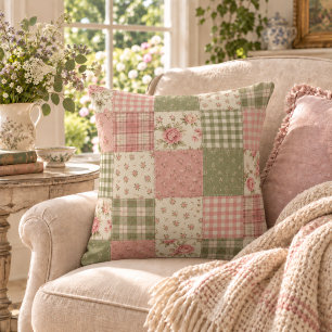 Cottagecore Roze Groen Gingham Patchwork Kussen
