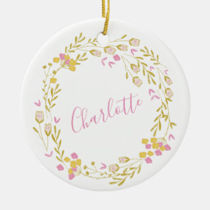 Cottagecore Roze Groene Fijne Bloemenkrans Naam  Keramisch Ornament