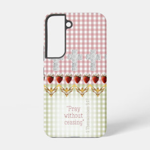 Cottagecore Roze Groene Ruiten Kruis Duif Schriftu Samsung Galaxy Hoesje