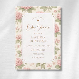 Cottagecore Roze Hydrangea Gouden Baby Shower Kaart