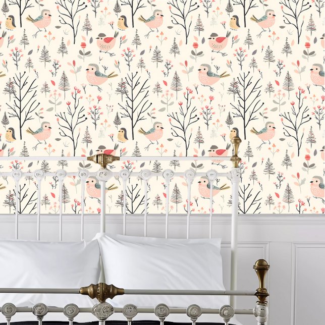 Cottagecore Roze Vogel Behang (Cottagecore Pink Bird Wallpaper behind a white metal framed bed.)