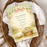 Cottagecore Silly Goose Garden Baby Shower Kaart<br><div class="desc">A charming storybook-style baby shower design featuring a sweet watercolor goose standing beside a nest filled with pastel eggs. Delicate spring flowers and soft greenery create a gentle countryside scene, while a blush bow and sage gingham background add a cozy cottagecore touch. The vintage illustration style and soft pastel palette...</div>