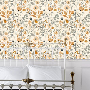 Cottagecore Sinaasappel Flowers & Grey Leaves Behang