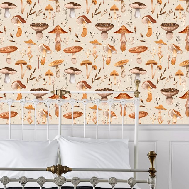 Cottagecore Sinaasappel Pet Paddenstoelen Behang (Cottagecore Orange Cap Mushrooms Wallpaper behind a white metal bed frame. )