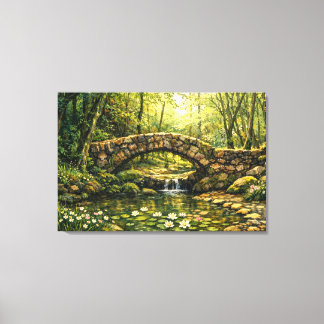 Cottagecore stenen brug en stroom kunst canvas afdruk