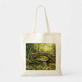 Cottagecore stenen brug en stroom kunst tote bag