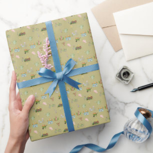 Cottagecore Tuin Waterverf Collage met Fiets Cadeaupapier