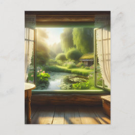 Cottagecore: Uitkijken naar een vredige vijver Briefkaart