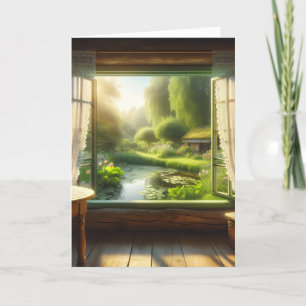 Cottagecore: Uitkijkend over een Vredige Vijver Kaart