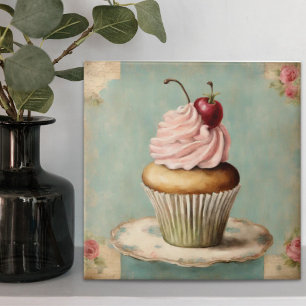 Cottagecore Vintage Franse Landelijke Roze Cupcake Tegeltje