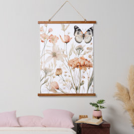 Cottagecore Vlinder en Bloemen Hangend Wandkleed