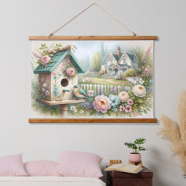 Cottagecore Vogelhuis met Bloementuin Hangend Wandkleed