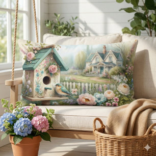 Cottagecore Vogelhuis met Bloementuin Kussen
