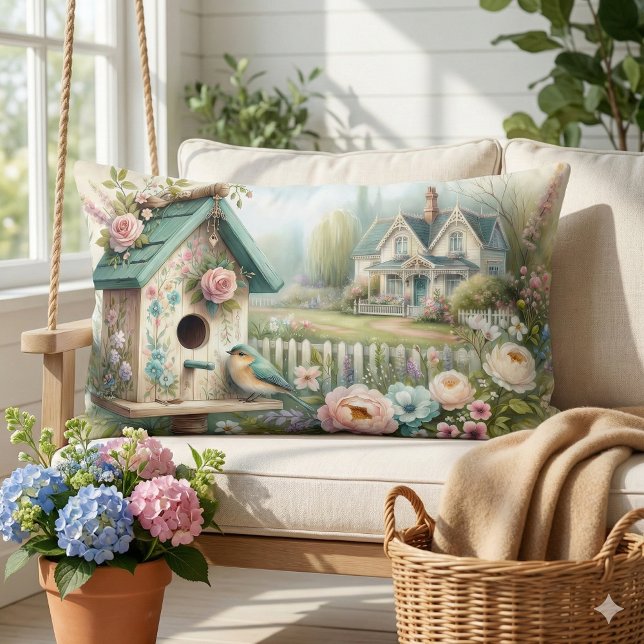 Cottagecore Vogelhuis met Bloementuin Kussen (Cottagecore Birdhouse with Floral Garden Lumbar Pillow Mockup A)