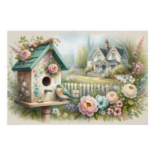 Cottagecore Vogelhuisje met Bloementuin Perfect Poster