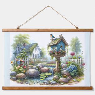 Cottagecore Vogelhuisje Tuin Aquarel Hangend Wandkleed