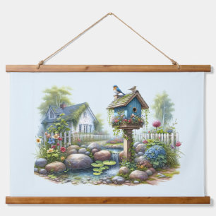 Cottagecore Vogelhuisje Tuin Aquarel Hangend Wandkleed