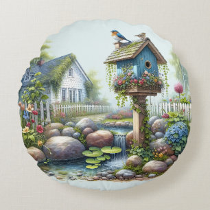 Cottagecore Vogelhuisje Tuin Aquarel Rond Kussen