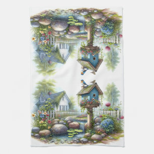 Cottagecore Vogelhuisje Tuin Aquarel Theedoek