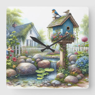 Cottagecore Vogelhuisje Tuin Aquarel Vierkante Klok