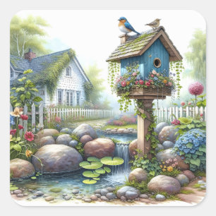 Cottagecore Vogelhuisje Tuin Aquarel Vierkante Sticker