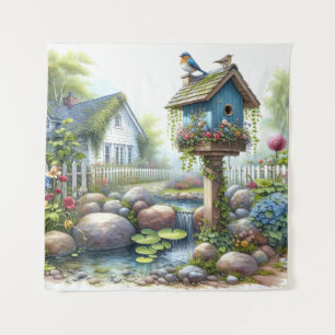 Cottagecore Vogelhuisje Tuin Aquarel Wandkleed