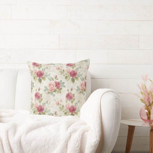 Cottagecore Waterverf Bloem Roze Kussen (Bank)