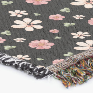 Cottagecore waterverf bloempatroon zwart deken