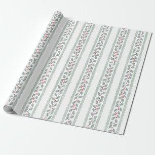 Cottagecore Waterverf Hulst Streep Kerstmis Cadeaupapier