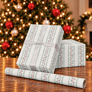 Cottagecore Waterverf Hulst Streep Kerstmis Cadeaupapier
