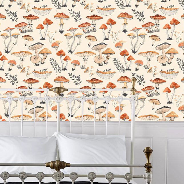 Cottagecore Waterverf Schimmels Behang (Cottagecore Watercolor Fungi Wallpaper behind a white metal bed frame. )