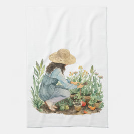 Cottagecore Waterverf Tuin Meisje Handdoek