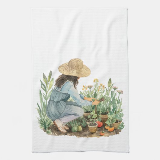 Cottagecore Waterverf Tuin Meisje Handdoek (Verticaal)