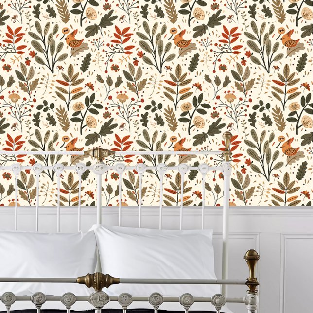 Cottagecore Whimsical Floral Behang (Cottagecore Whimsical Floral Wallpaper behind a white metal bed frame. )