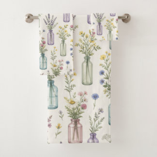 Cottagecore Wilde Bloemen in Glazen Potten Bad Handdoek