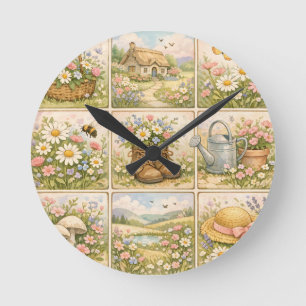 Cottagecore wildebloementuin patchwork ronde klok