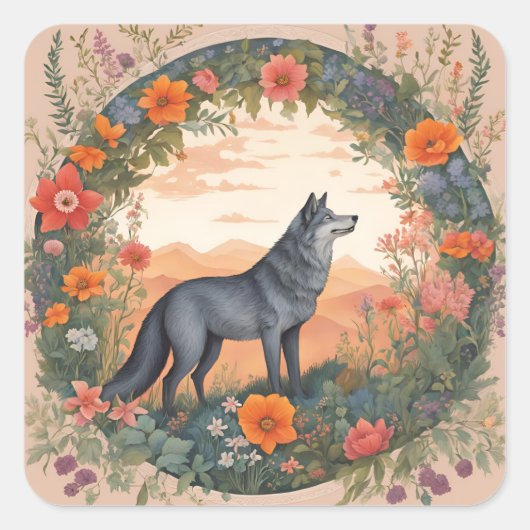 Cottagecore Wolf Vierkante Sticker (Voorkant)