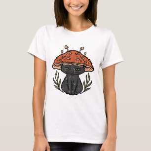 Cottagecore Zwart Kat Paddestoel Leuke Vrouwen Mei T-shirt