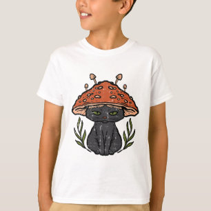 Cottagecore Zwart Kat Paddestoel Leuke Vrouwen Mei T-shirt