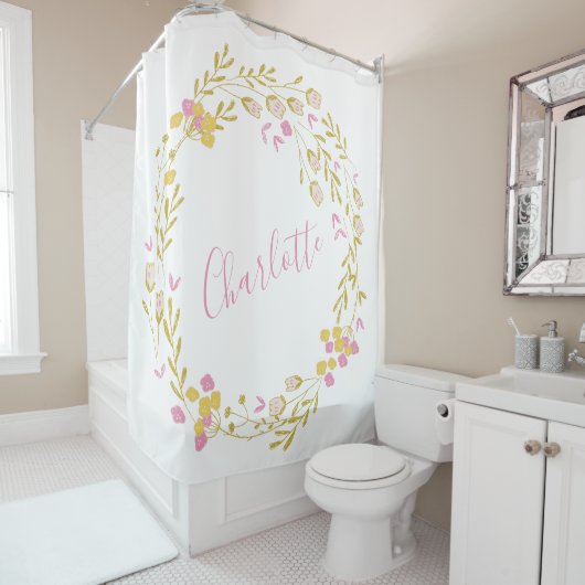 Cottcore roze Green Dainty Floral Wreatname Douchegordijn (In situ)