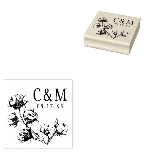 Cotton Boll Plant Bruiloft Bewaar de datum Monogra Rubberstempel (Gestempeld)